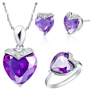 Classic Silver Plated Cubic Zirconia Heart Womens Jewelry Set(Necklace,Earrings,Ring)(Red,Purple)