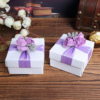 White Square Favor Boxes With Purple Flower Top   Set of 12