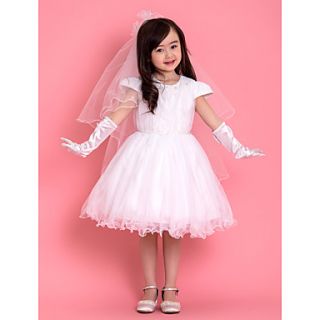 A line Jewel Knee length Satin/Tulle Flower Girl Dress With Veil And Gloves