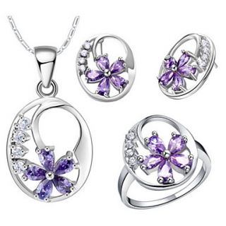 Original Silver Plated Cubic Zirconia Pierced Oval With Flower Womens Jewelry Set(Necklace,Earrings,Ring)