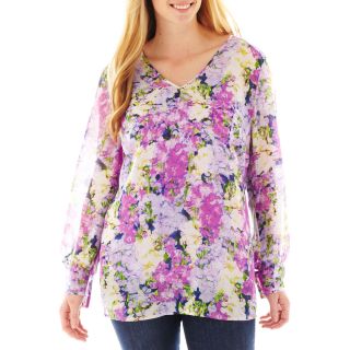LIZ CLAIBORNE Long Sleeve Garden Floral Blouse with Cami   Plus, Lavender Multi