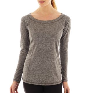 Xersion Long Sleeve Boatneck Seamed Melange Tee, Grey, Womens