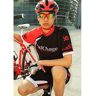 CoolChange Mens Short Sleeve Polyester Breathable Black and Red Cycling Suit(Random Color for Pad)