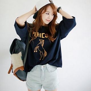 Womens Korean Style Cotton Animal Print Loose Letter Sleeve T Shirt