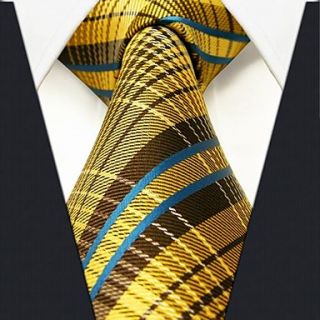 Mens Casual Silk Yellow Check Pattern Necktie