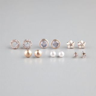 6 Pairs Rhinestone Circle/Epoxy Flower/Stud Earrings Gold One Size For