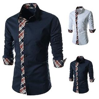 Spring New Mens Casual Long Sleeved Plaid Shirt Stitching