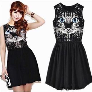 Womens Cat Printed Slim Dress