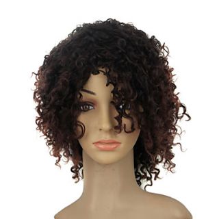 Capless Medium Length Dark Brown Afro Curly Synthetic Hair Wig For Black Women