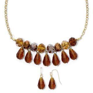 Gold Tone & Brown Glass Bead Frontal Necklace & Earrings Set