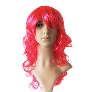 Long Red Synthetic Wavy Wig Side Bang