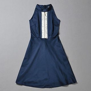 Womens Contrast Color Zipper OL Sleeveless Dress