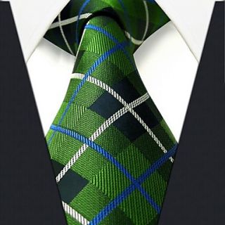 Mens Casual Check Pattern Green Silk Necktie