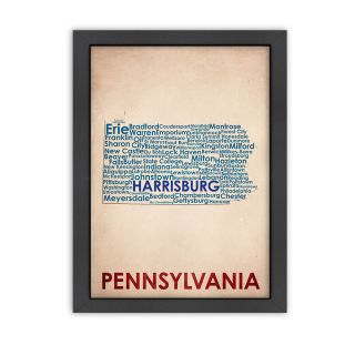 Wordmap Pennsylvania Framed Print (LargeSubject ContemporaryFrame Black wood frame with Italian Gesso Coating, d ring hangar with on a masonite back complete with turn buttonsMedium Giclee print on natural whiteImage dimensions 18 inches x 24 inchesOu