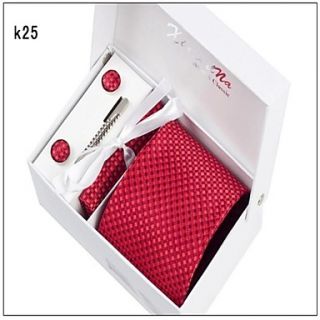 Fashionable Checked Pattern Polyester Ties Set Tie Hankie Cufflink Tie Clip Gift Bag Gift Box for Men