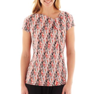 LIZ CLAIBORNE Short Sleeve Print Foldover Knit Top, Coral Essence Mult, Womens