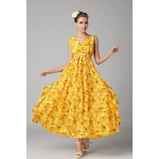 Womens Fashion Gold Color Ruffles Chiffon Ball Dress