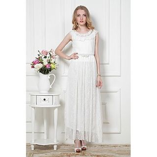 Swd Sleeveless Waisted Large Hem Vacation Dress (White)