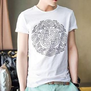 Mens Round Neck Chinese Style Print Short Sleeve T shirt