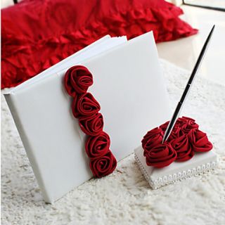 Bold Red Luxury Rose Lined Wedding Guest Book and Pen Set