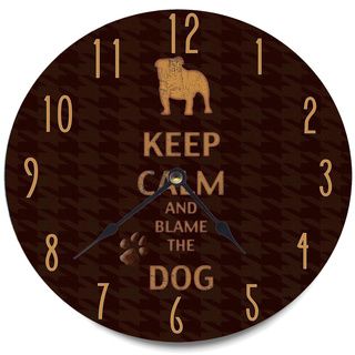 Keep Calm And Blame The Dog Brown Wood Clock (BrownMaterials Quartz mechanism, metal, MDF woodQuantity One (1) clockSetting IndoorDimensions 12 inch diameter x 0.4 inch thickRequires one (1) AA battery (not included)  )