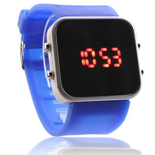 Silicone Band Women Men Unisex Jelly Sport Style Square Mirror LED Wrist Watch   Blue