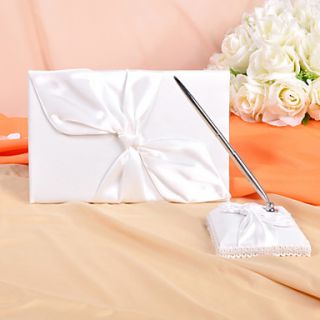 Wedding Guest Book and Pen Set With Ivory Satin Knot Design