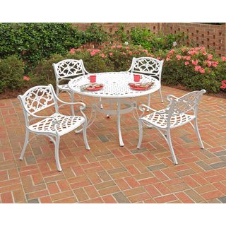 Biscayne 5 piece 42 inch White Cast Aluminum Outdoor Dining Set (WhiteMaterials Cast aluminum Finish WhiteCushions included NoWeather resistant YesAntiqued powder coat finish sealed with a clear coat to protect finishCenter opening to accommodate umbr