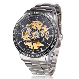 Mens Mechanical Hollow Engraving Silver Alloy Band Analog Wrist Watch
