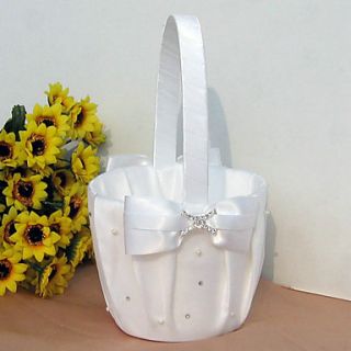 Flower Basket In White Satin With Ribbon Bow And Rhinestone