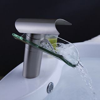 Contemporary Nickel Brushed Waterfall Bathroom Sink Faucet without Pop up Waste