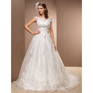 A line Scoop Chapel Train Organza And Lace Wedding Dress