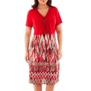 Danny & Nicole Print Dress with Ruffled Jacket   Plus, Red