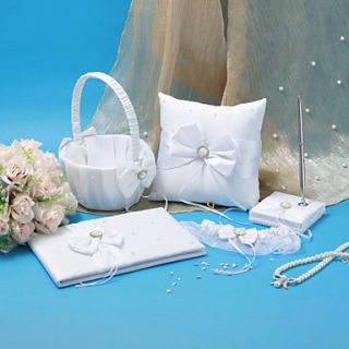 Wedding Collection Set in White Satin With Crystal and Pearl Accents (5 Pieces)
