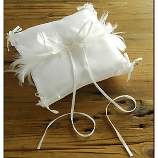 White Satin Ring Pillow With Ribbons And Feathers
