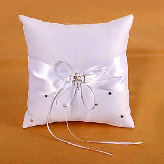 Ring Pillow In White Satin With Sash And Rhinestones