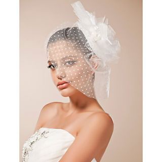 Tulle Wedding Fascinator/Headpiece With White Rosettes And Feathers