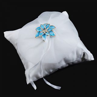 Wedding Ring Pillow In Smooth Satin With Blue Metal Flower