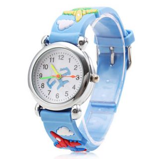 Childrens Airplane Pattern Blue Silicone Band Quartz Analog Wrist Watch