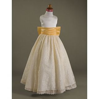 A line Scoop Floor length Satin And Lace Flower Girl Dress