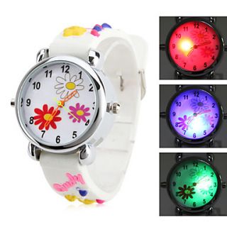 Childrens Flower Style Silicone Analog Quartz Wrist Watch with Flashing LED Light (White)