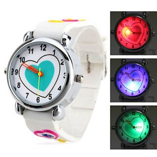 Childrens Heart Shaped Silicone Analog Quartz Wrist Watch with Flashing LED Light (White)
