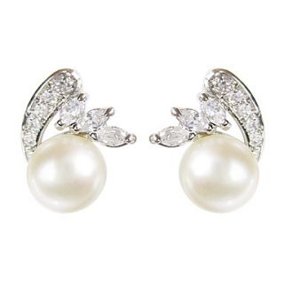 Unique White Platinum Plated With Round Shape Pearl Earrings