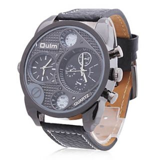 Mens Military Style 2 Time Zones Black Case PU Band Quartz Wrist Watch