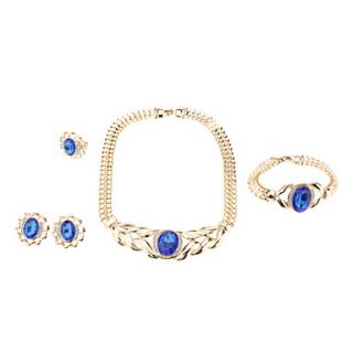Gold Plated Flower Shape Sapphire Necklace Earring Ring and Bracelet Jewelry Set