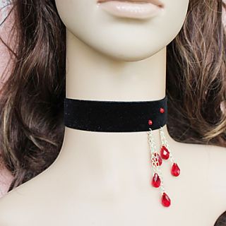Handmade Black Velvet Gothic Lolita Necklace with Red Crystal Tassels