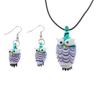 Owl Pattern Coloured Glaze Earrings Necklace Jewelry Set