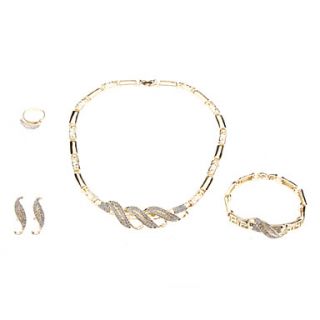 Gold Plated Salix Leaf White Diamond Necklace Earring Ring and Bracelet Jewelry Set