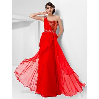 Sheath/Column One Shoulder Floor length Chiffon And Sequined Evening/Prom Dress