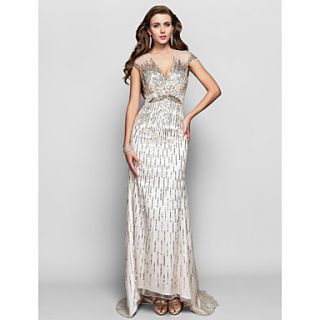 A line V neck Asymmetrical Sequined Tulle Evening Dress